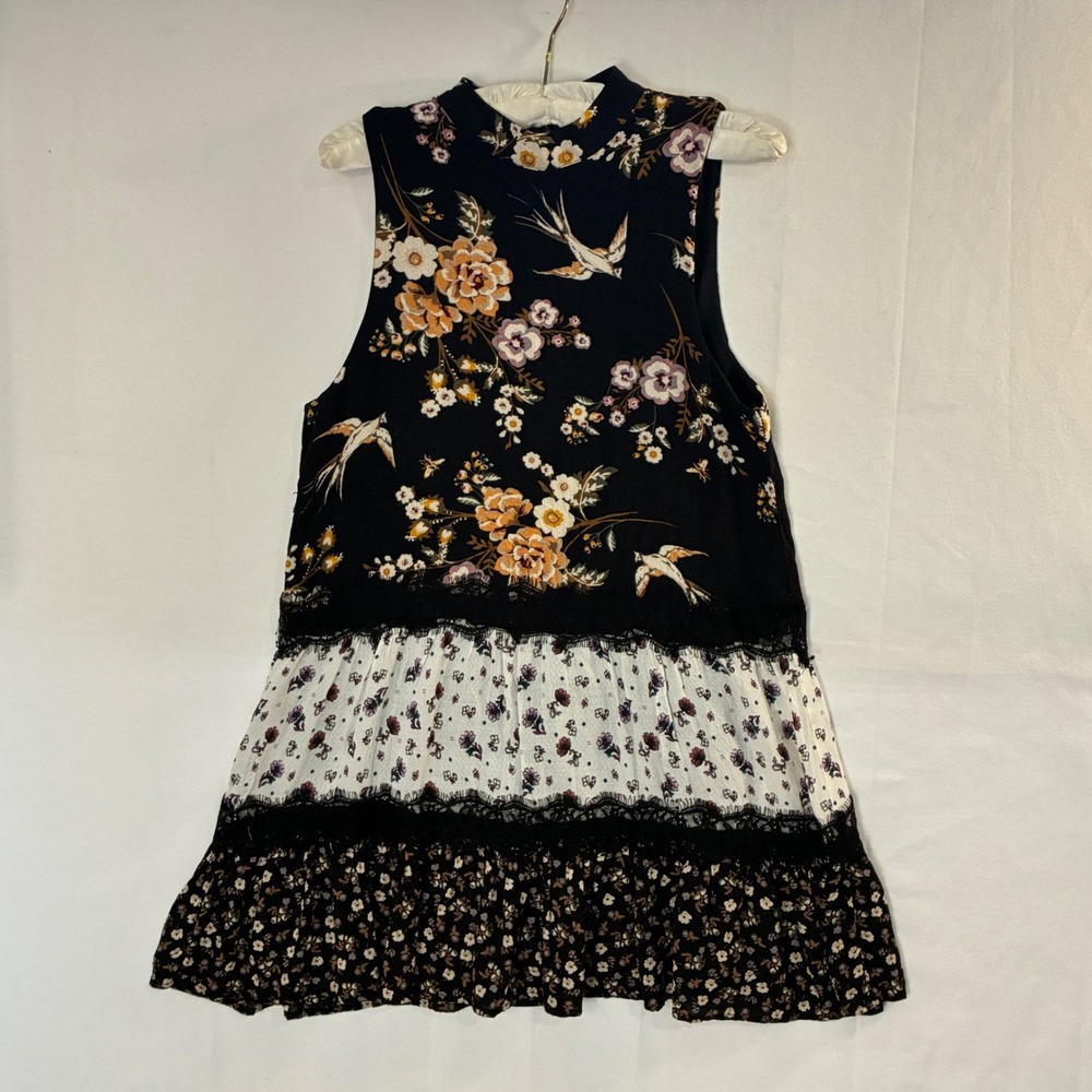 Love Fire Floral Bird Tiered Mini Dress Womens Medium Black Lace Mock Neck Boho